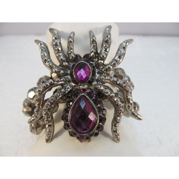 Silver Tone Spider Stretch Bracelet with Purple Accents - Picture 9 of 11
